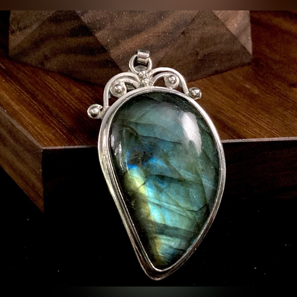 Large Vintage Labradorite Rare Blue Flash Spectrolite 925 Gemstone Pendant - Picture 11 of 13